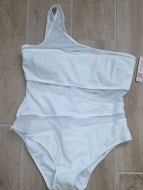 Adore Me White One-Shoulder Mesh Panel One-Piece Swimsuit